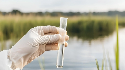 White-gloved hand holding a glass test tube containing a water sample against a blurred wetland background
