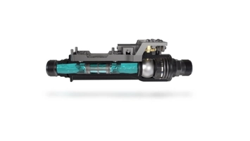 Cutaway of a smart water pressure monitoring device showing teal internal fluid chamber and pipe fittings