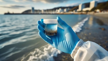 Blue-gloved hand holding a water and sediment sample jar on a beach with coastal cityscape in the background